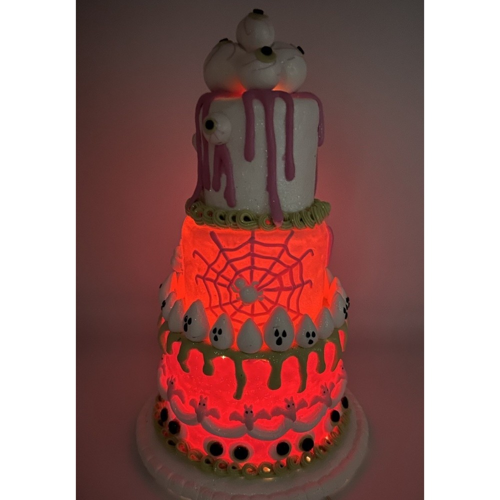 Ghoulish Halloween Faux Cake Pink Pastel 3 Tier Spooky LED Lights NWT